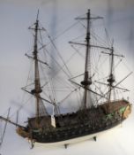 A kit built model of a 68 gun, 3 mast Royal Navy Third Rate Ship of the Line. Constructed from a