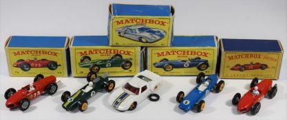 5 Matchbox Series. No.19 Lotus Racing Car. In dark green with yellow stripe, RN3, yellow plastic