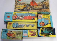 7 Corgi Toys. Chipperfields Circus Horse Transporter (1130) in red and light blue livery. Circus