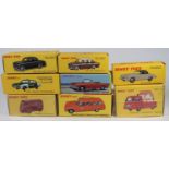 8 Atlas Dinky Toys. Fourgon Tole Peugeot (25BR) in red ESSO livery. Berline 403 Peugeot (521). 404