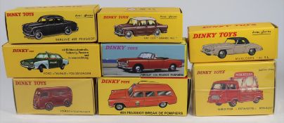 8 Atlas Dinky Toys. Fourgon Tole Peugeot (25BR) in red ESSO livery. Berline 403 Peugeot (521). 404