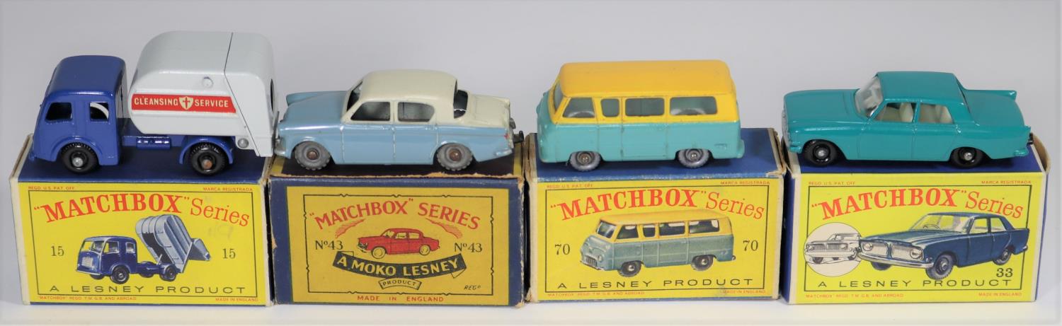 4 Matchbox Series. No.15 Tippax Refuse Collector in light grey and dark blue, with Cleansing Service