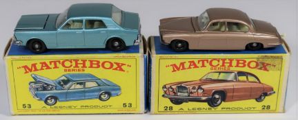 2 Matchbox Series. No.28 Mark Ten Jaguar. In metallic light brown with cream interior, black plastic