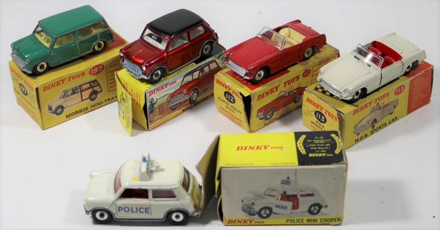 5 Dinky Toys. Morris Mini Minor Automatic (183) in metallic red with gloss black roof and white