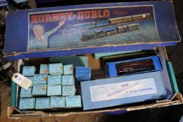 25x Hornby Dublo items in early light green and blue boxes. Including; a 3-rail LMS Coronation Class