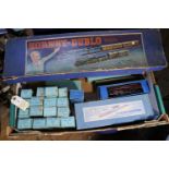 25x Hornby Dublo items in early light green and blue boxes. Including; a 3-rail LMS Coronation Class