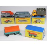 4 Matchbox Series. No.2 Mercedes Trailer in turquoise with orange tilt. No.30 Leyland Tiger Long