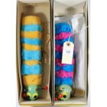 2 Pelham Puppets Standard Puppets- Caterpillar (A6). An example with pink and turquoise fur and