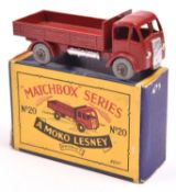 Matchbox Series No.20 ERF Stake Truck. In maroon with silver trim and metal wheels. Boxed, minor