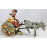 A rare Lehmann 1930s tinplate Balky Mule (Stubborn Donkey) No.425. Clockwork 2-wheel cart with clown