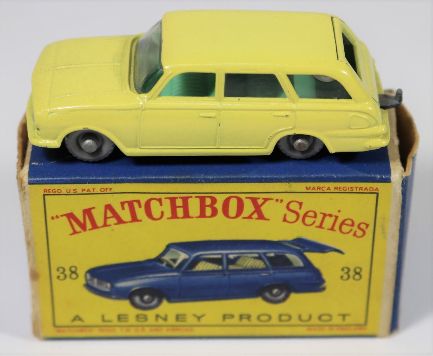Matchbox Series No.38 Vauxhall Victor in yellow with clear windows, green interior, grey plastic