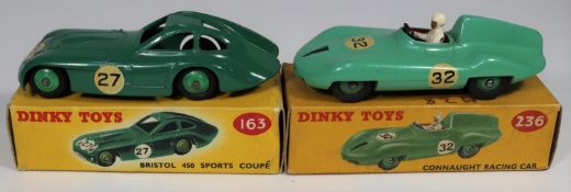 2 Dinky Toys Racing Cars. Bristol 450 Sports Coupe (163). In dark green, RN27, with mid green