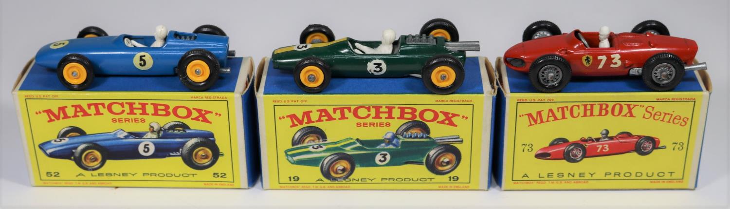 3 Matchbox Series. No.19 Lotus Racing Car. In dark green with yellow stripe, RN3, yellow plastic