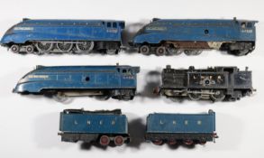 A quantity of rare and useful Hornby Dublo parts etc. 2 pre-war LNER Class A4 clockwork bodies