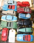 12 Dinky Toys for restoration. Fiat 600,Jaguar SS, Rover, Citroen 11BL, Alvis, Lagonda, Daimler,