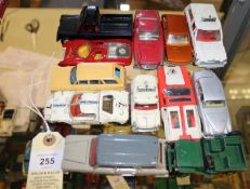 12 Dinky cars most for restoration. 3 over painted , Fiat 2300 Station Wagon, Volvo 1800S, Range