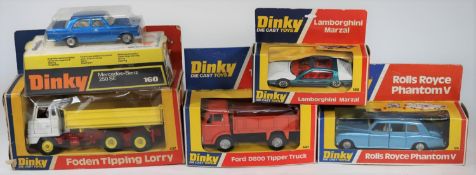 5 Dinky Toys. Ford D800 Tipper Truck (440). In orange with white seats. Mercedes-Benz 250 SE (160)