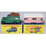 2 Matchbox Series. Safari Land Rover in dark green with white interior, with brown plastic luggage