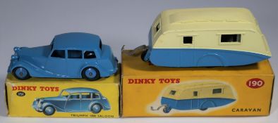 2 Dinky Toys. Triumph 1800 Saloon (151) in mid blue with mid blue wheels. Plus a Caravan (190). In