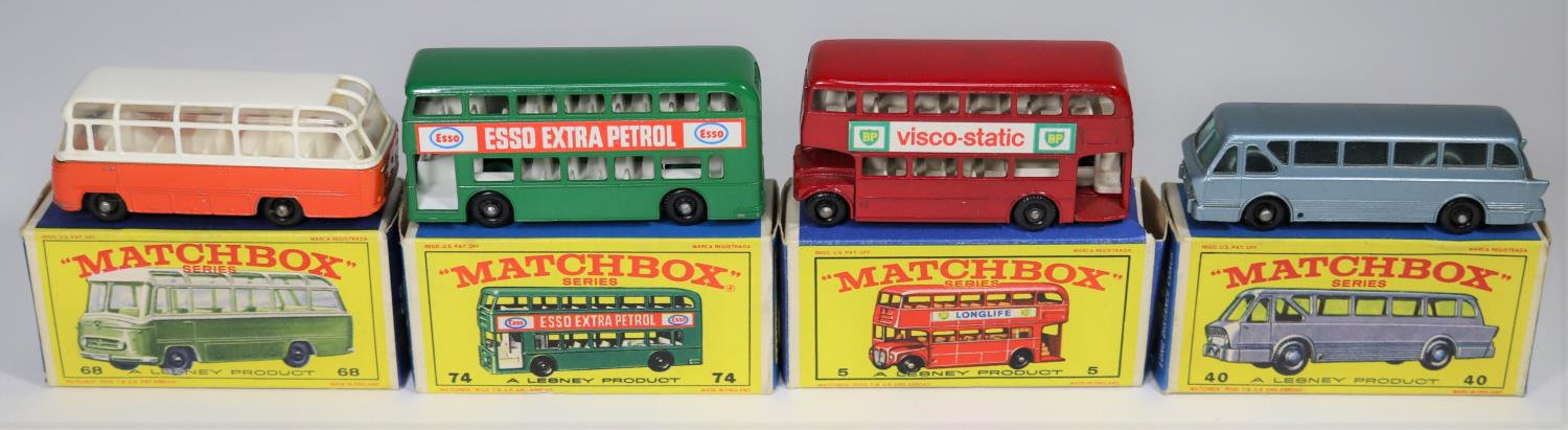 4 Matchbox Series. No.5 Routemaster bus in red with BP Visco Static adverts. No.40 Leyland Royal