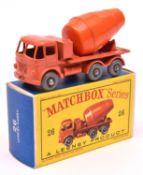 Matchbox Series No.26 Foden Cement Mixer. In orange with orange barrel and grey plastic wheels.