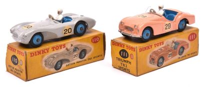 2 Dinky Toys Racing Cars. Aston Martin DB3 Sports (110). An example in light grey with mid blue