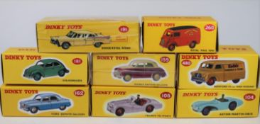 8 Atlas Dinky Toys. Aston Martin DB3S (104). Triumph TR2 Sports (105). Morris Oxford Saloon (159).