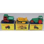 3 Matchbox Series. No.1 Diesel Road Roller. In light green with red plastic wheels. No.2 Muir-Hill