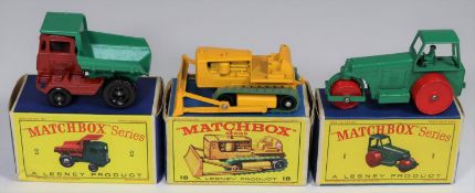3 Matchbox Series. No.1 Diesel Road Roller. In light green with red plastic wheels. No.2 Muir-Hill