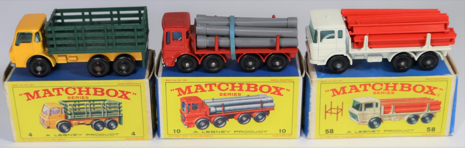 3 Matchbox series. No.4 Dodge Stake Truck in yellow with green rear body. No.10 Leyland Pipe Truck