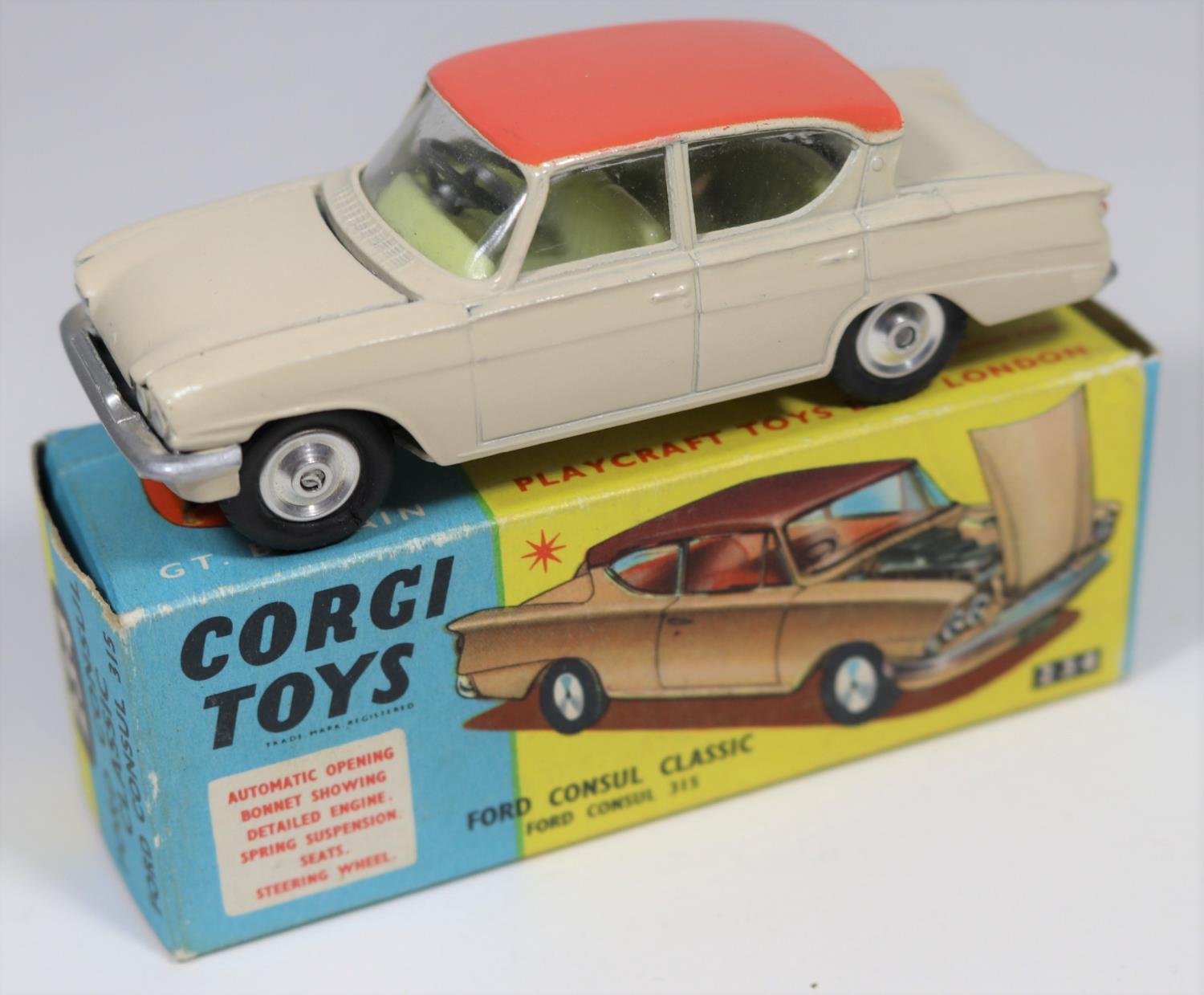 Corgi Toys Ford Consul Classic (234). In cream with pink roof and yellow interior, dished spun