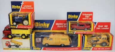 5 Dinky Toys. Muir Hill 2WL Loader (437). In yellow. Ford D800 Tipper truck (438) cab in metallic