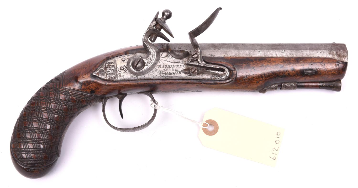 A 16 bore flintlock pistol by R Ashmore (Wednesbury, Staffs), c 1820, 11” overall, octagonal twist