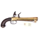 A silver mounted brass barrelled and brass framed flintlock boxlock blunderbuss pistol with spring