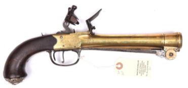 A silver mounted brass barrelled and brass framed flintlock boxlock blunderbuss pistol with spring