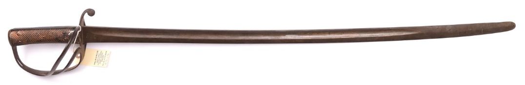 An 1853 pattern cavalry trooper’s sword, slightly curved, fullered blade 33½” (tip rounded, 1” split