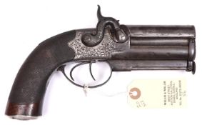 A good 16 bore double barrelled over and under percussion boxlock side hammer belt pistol, by F.