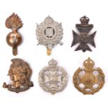 6 London cap badges: 5th City (1821), 7th City (1826), WM 8th (P Office), blackened 11th (Finsbury),