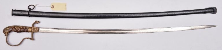 A Third Reich Cavalry Officer’s sword, plated blade with mark of Clemen & Jung, Solingen, brass hilt