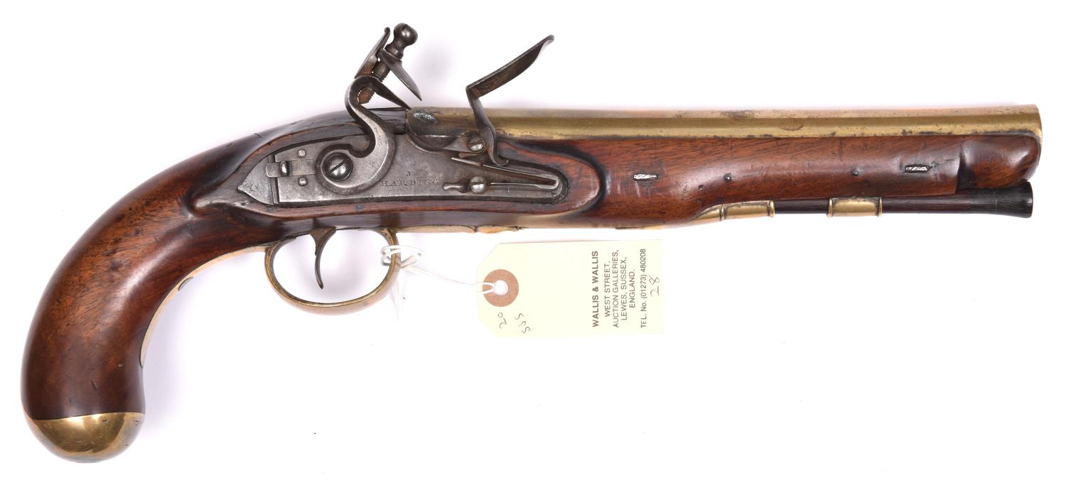 A scarce 20 bore brass barrelled flintlock mail coach pistol by J Harding, 14½” overall, barrel 9”