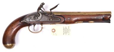 A scarce 20 bore brass barrelled flintlock mail coach pistol by J Harding, 14½” overall, barrel 9”