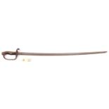 A Japanese Officer’s sword, slightly curved, plain blade 29” (shortened) with back fuller, brass