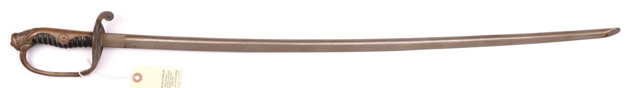 A Japanese Officer’s sword, slightly curved, plain blade 29” (shortened) with back fuller, brass