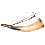 A late 18th century powder horn of the Percy Tenantry, brass scoop nozzle with spring catch, brass