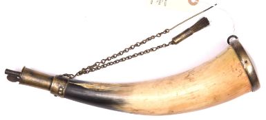 A late 18th century powder horn of the Percy Tenantry, brass scoop nozzle with spring catch, brass