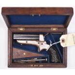 A good cased .30” rim fire Sharps patent 4 barrelled pistol by Tipping & Lawden, number 4027, 5½”