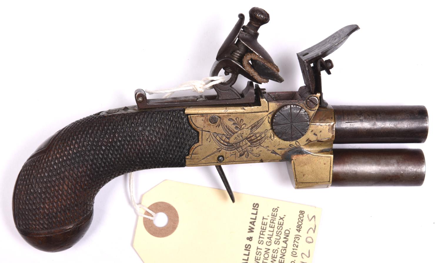 An 80 bore brass framed DB O&U tap action flintlock boxlock pocket pistol, by Chance & Sons, c 1810,