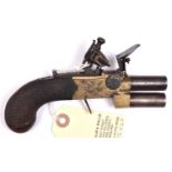 An 80 bore brass framed DB O&U tap action flintlock boxlock pocket pistol, by Chance & Sons, c 1810,