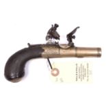 A 50 bore tutenag (German silver) flintlock boxlock pocket pistol by Wallis of Hull, c 1800, 6”