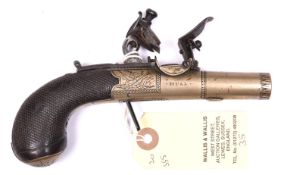 A 50 bore tutenag (German silver) flintlock boxlock pocket pistol by Wallis of Hull, c 1800, 6”